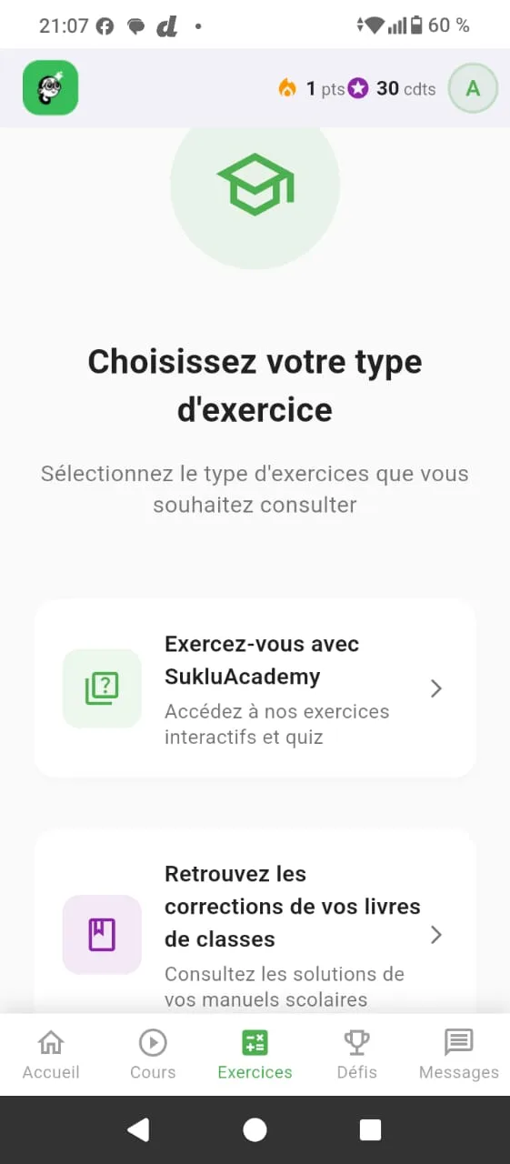 SukluAcademy — choix du type d'exercice